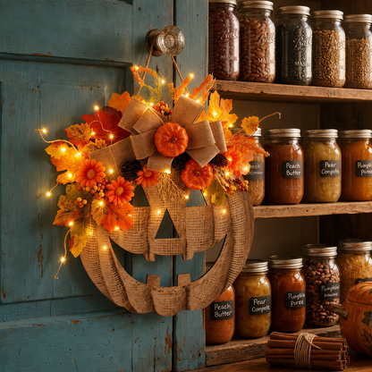 🎃✨Lighted Burlap Pumpkin Wreath