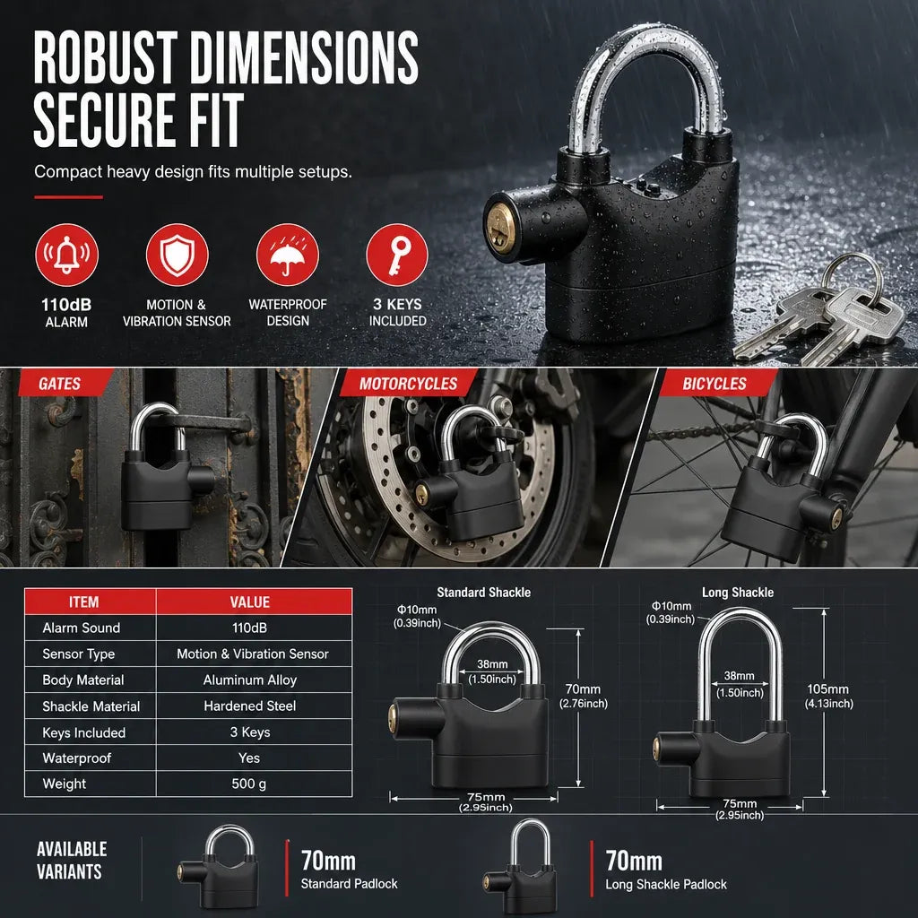 70mm Aluminum Alloy Anti Theft Alarm Padlock Security Gate Lock for Warehouse Motorcycle and Bicycle with Batteries