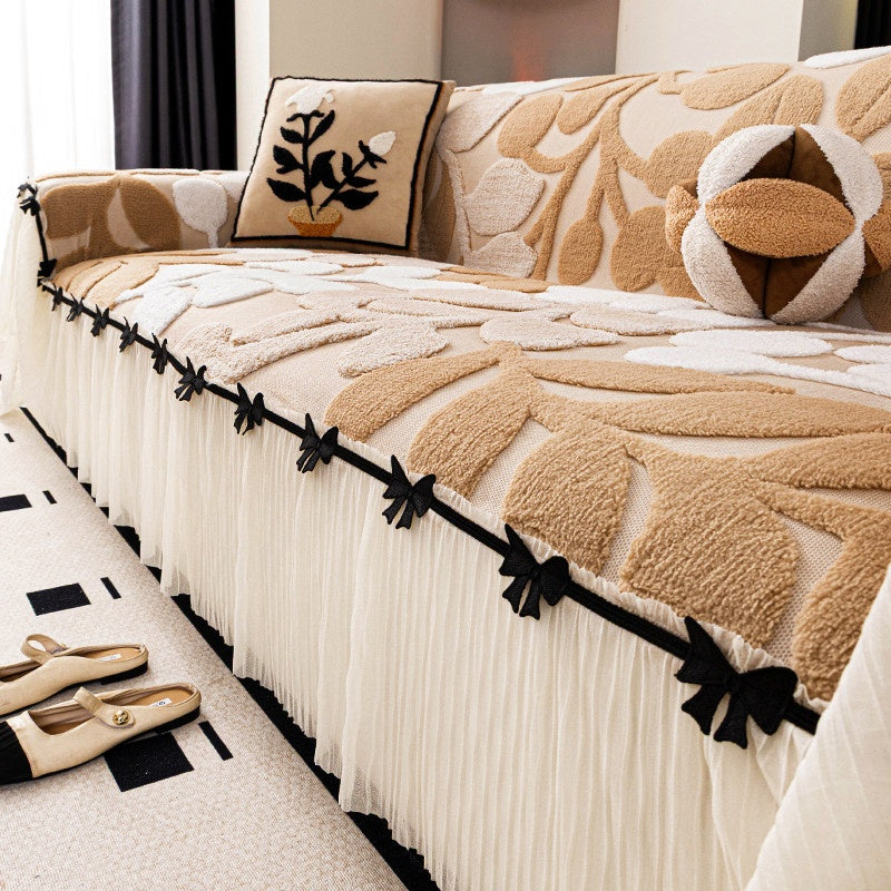 ✨Luxury Botanical Plush Sofa Cover with Elegant Bow Skirt