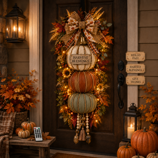 Rustic WoodenPumpkin Door Hangingwith Warm LED Lights