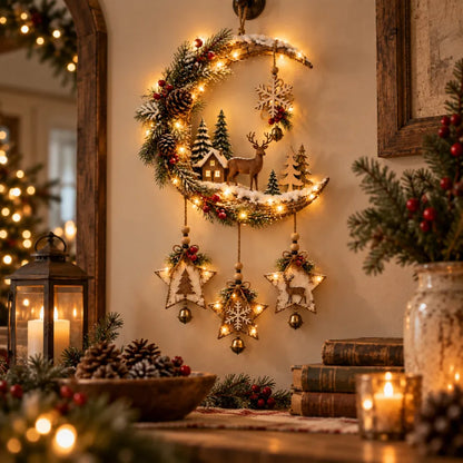 Lighted Rustic Christmas Crescent Moon Wall Decor