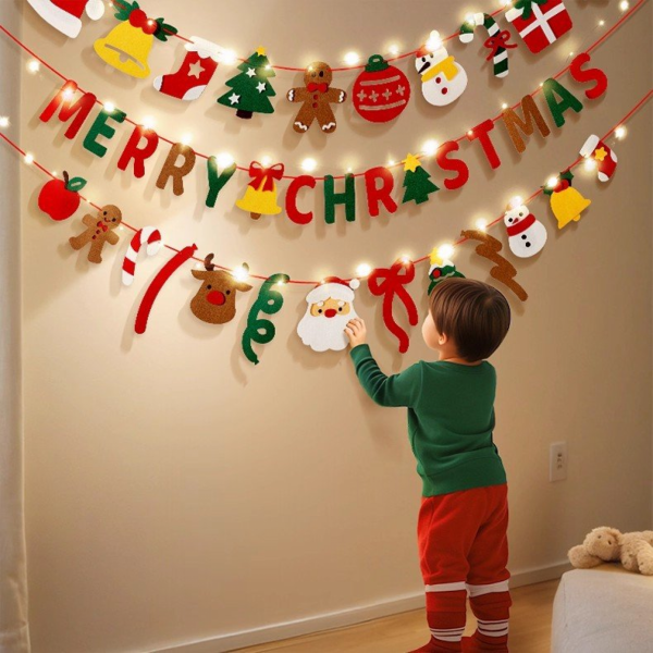 Merry Christmas Felt Letter Garland With LED Lights, Xmas Party Wall Hanging Decor