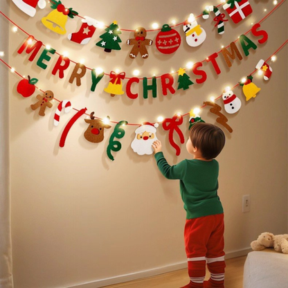 Merry Christmas Felt Letter Garland With LED Lights, Xmas Party Wall Hanging Decor