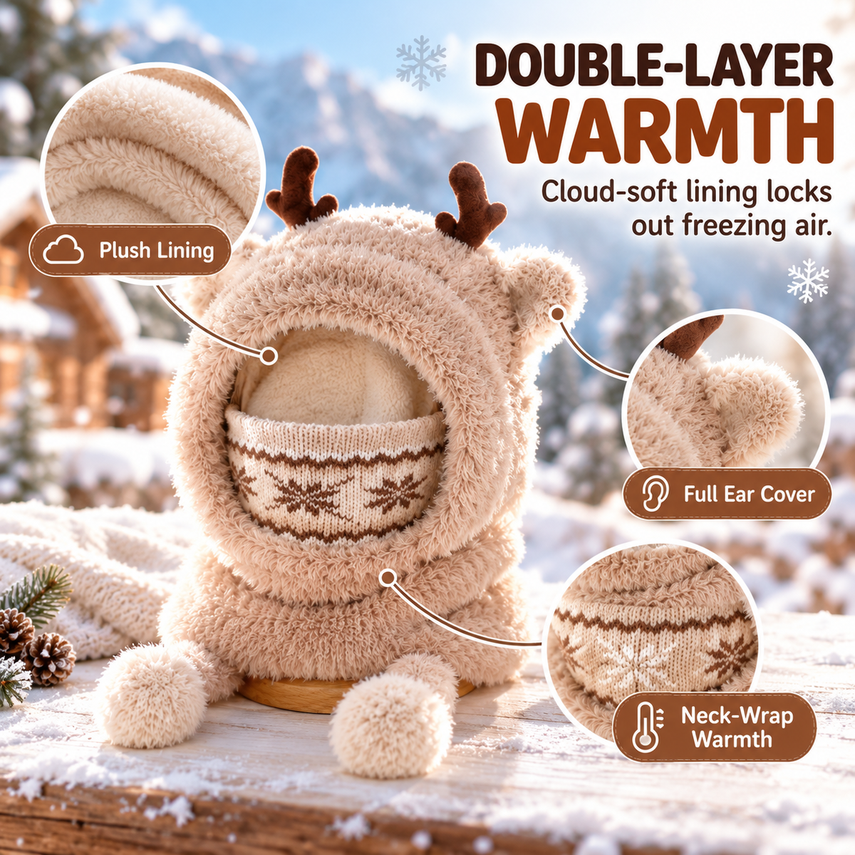 Cute Antler Kids Thermal Hooded Scarf & Face Mask Set 🦌
