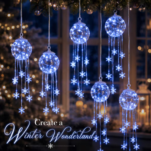 CHRISTMAS FAVORITE Crystal-Style Globe Ornament- Icy Blue LED Snowflake Hanging Decoration for Holiday Decor