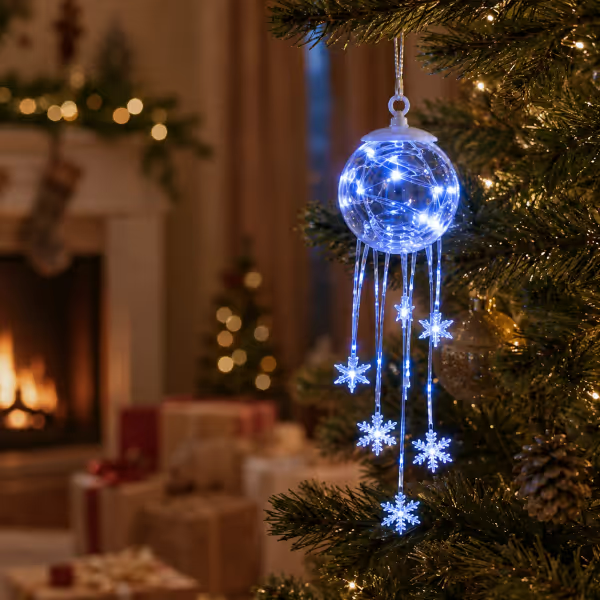 CHRISTMAS FAVORITE Crystal-Style Globe Ornament- Icy Blue LED Snowflake Hanging Decoration for Holiday Decor