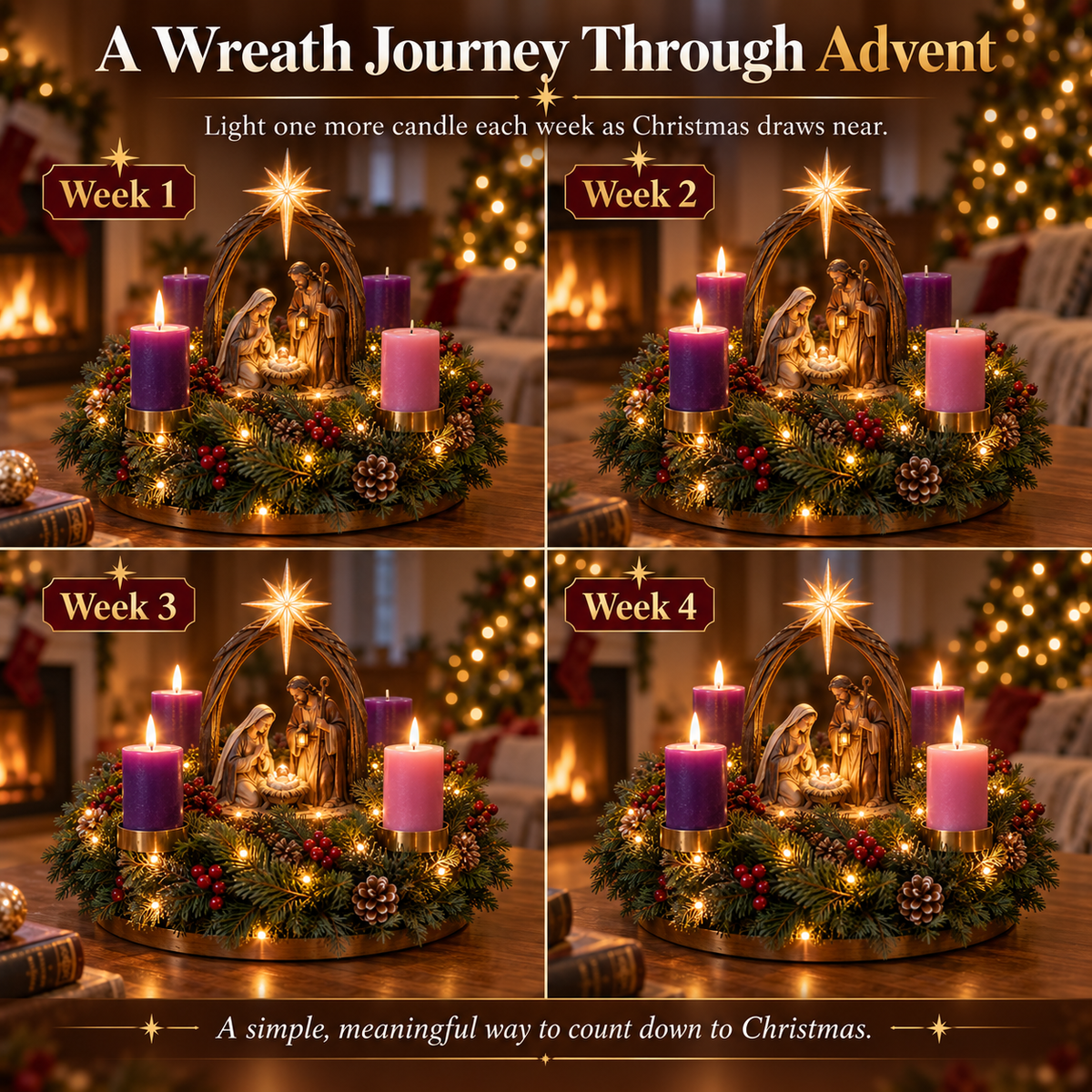 🔥 👼Lighted Nativity Advent Wreath – A Sacred 4-Week Christmas Tradition🕯️