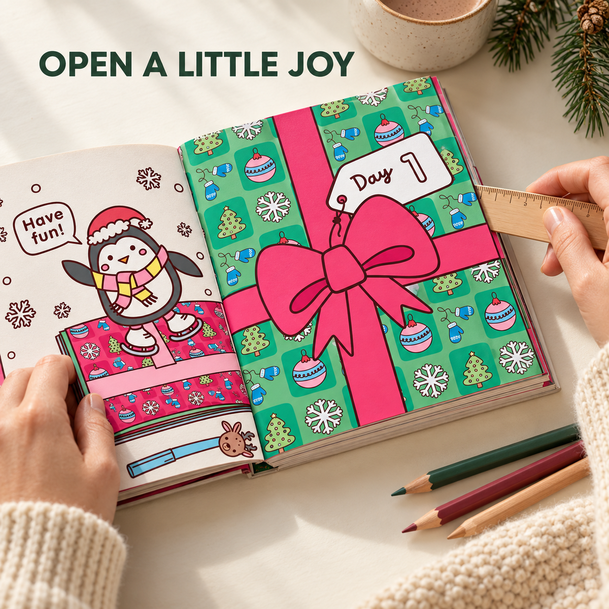 🎄✨Happy Days‑Cosy Christmas Advent Colouring Book | Hardback Edition | 24 Sealed Daily Surprise Sections | All‑Ages Screen‑Free Festive Activity