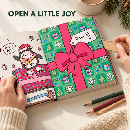 🎄✨Happy Days‑Cosy Christmas Advent Colouring Book | Hardback Edition | 24 Sealed Daily Surprise Sections | All‑Ages Screen‑Free Festive Activity