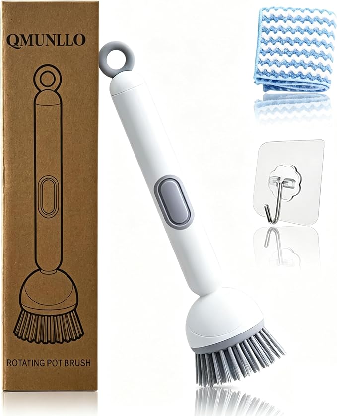 Rotating Dish Brush With Soap Dispenser, Non-Slip Long Handle