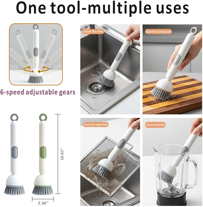 Rotating Dish Brush With Soap Dispenser, Non-Slip Long Handle