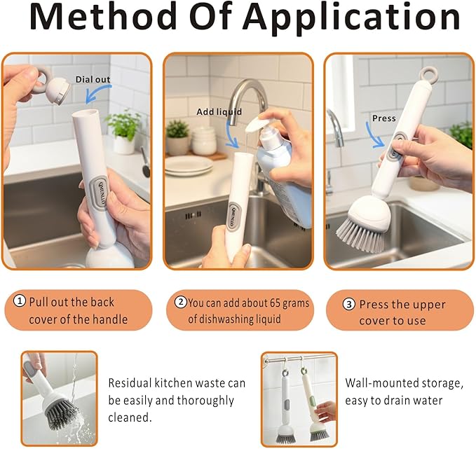 Rotating Dish Brush With Soap Dispenser, Non-Slip Long Handle