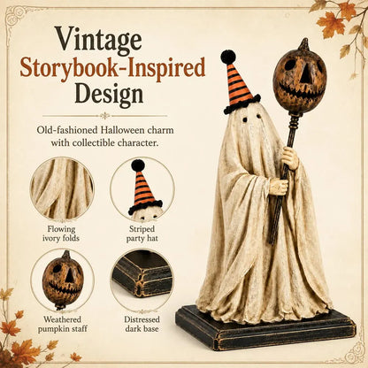 Lighted Vintage Ghost Figurine with Glowing Pumpkin Staff