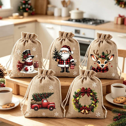 Reusable Christmas Drawstring Gift Bags — Santa & Reindeer Polyester Pouches