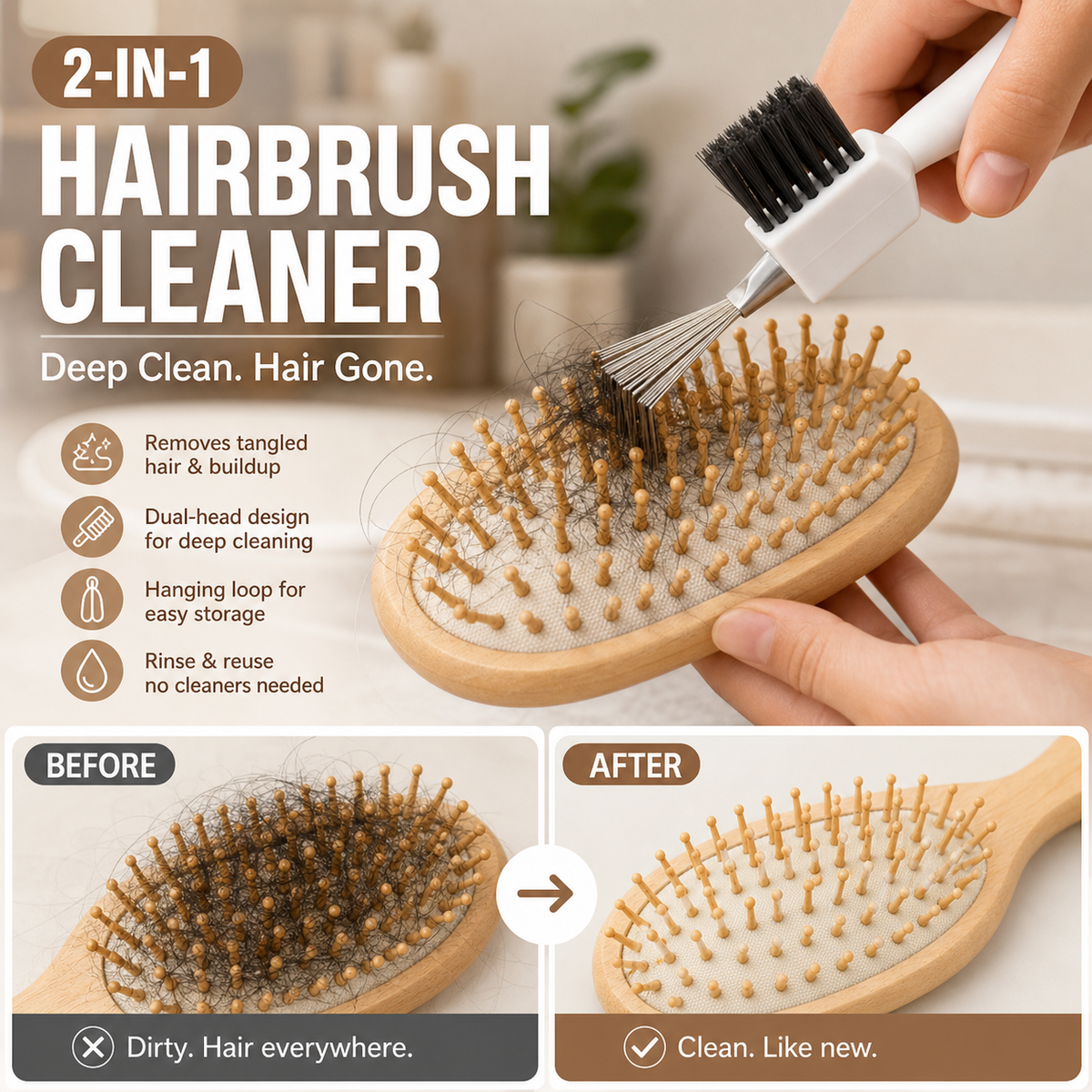 2-in-1 Hair Brush Cleaner Tool, Multi-purpose Hair Remover Comb Cleaner with Stainless Steel Pick & Stiff Brush