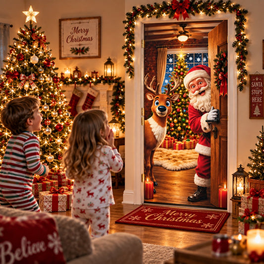 🎅Christmas Door Curtain – Stretchy Santa and Reindeer Door Decoration
