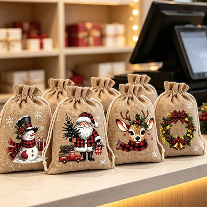 Reusable Christmas Drawstring Gift Bags — Santa & Reindeer Polyester Pouches
