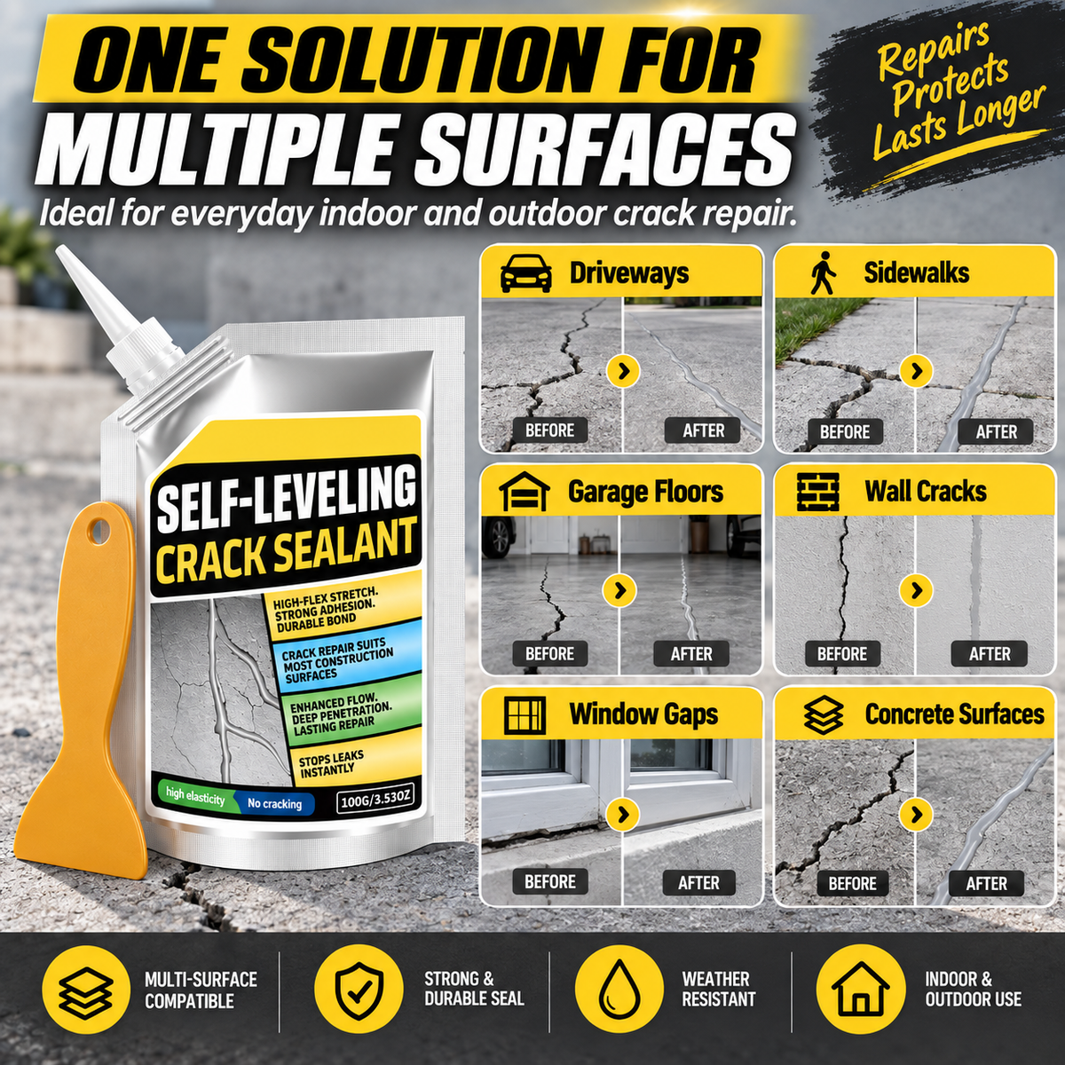 Self-Leveling Concrete CrackSealant - Waterproof Quick-Drying Repair Filler withScraper