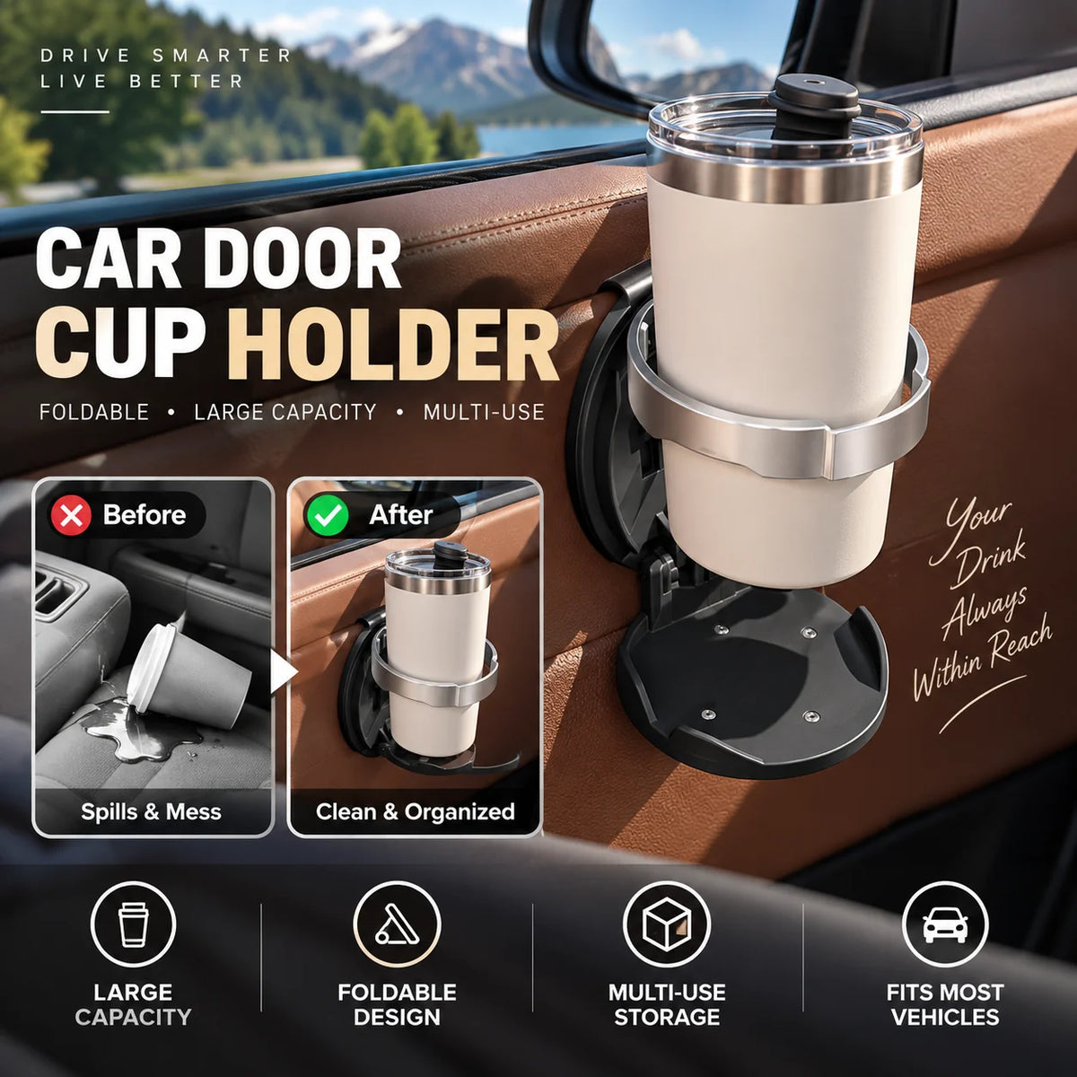 🥤Multifunctional Foldable Car Door Cup Holder Large Diameter Drink and Water Bottle Storage Rack
