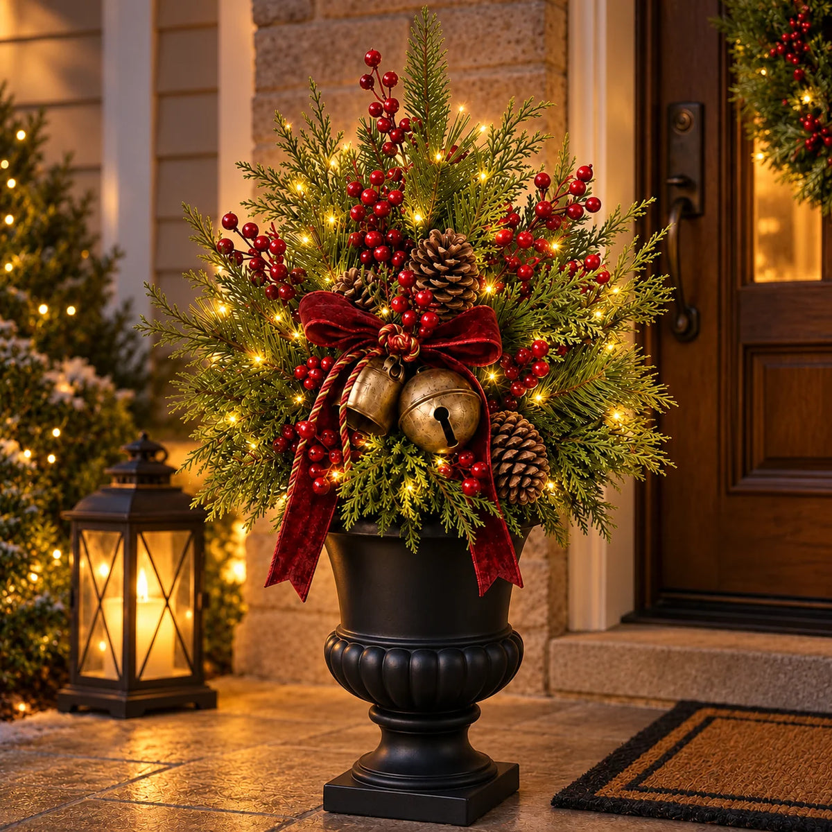 24-Inch Pre-Lit Artificial Christmas Evergreen Urn Filler with Berries, Pinecones & Vintage Bells