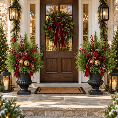 24-Inch Pre-Lit Artificial Christmas Evergreen Urn Filler with Berries, Pinecones & Vintage Bells