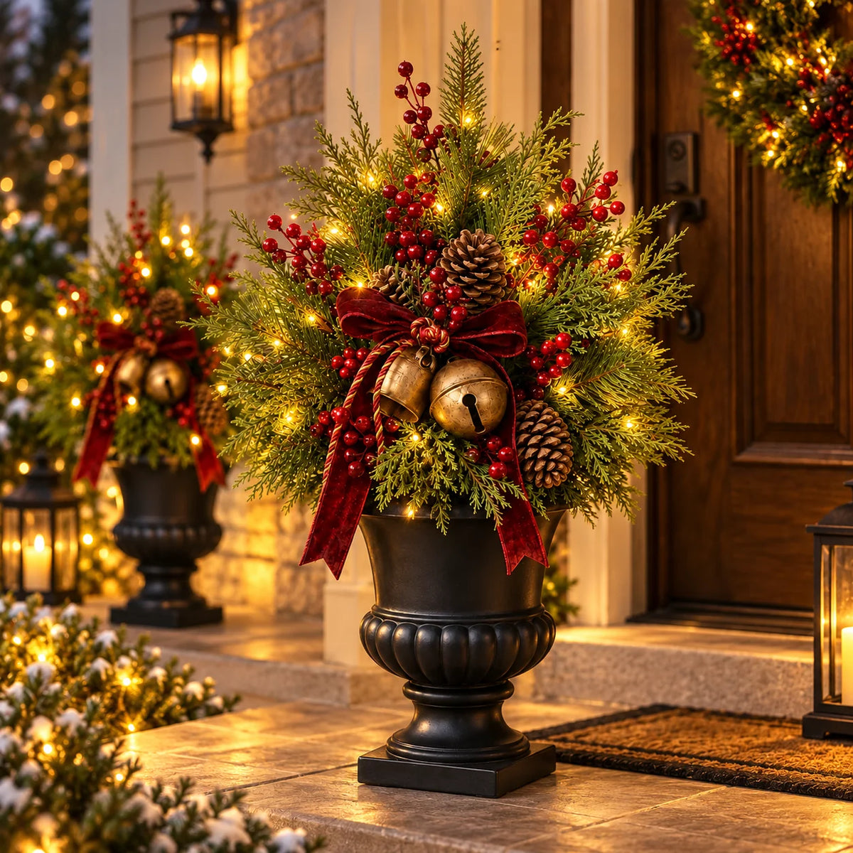 24-Inch Pre-Lit Artificial Christmas Evergreen Urn Filler with Berries, Pinecones & Vintage Bells