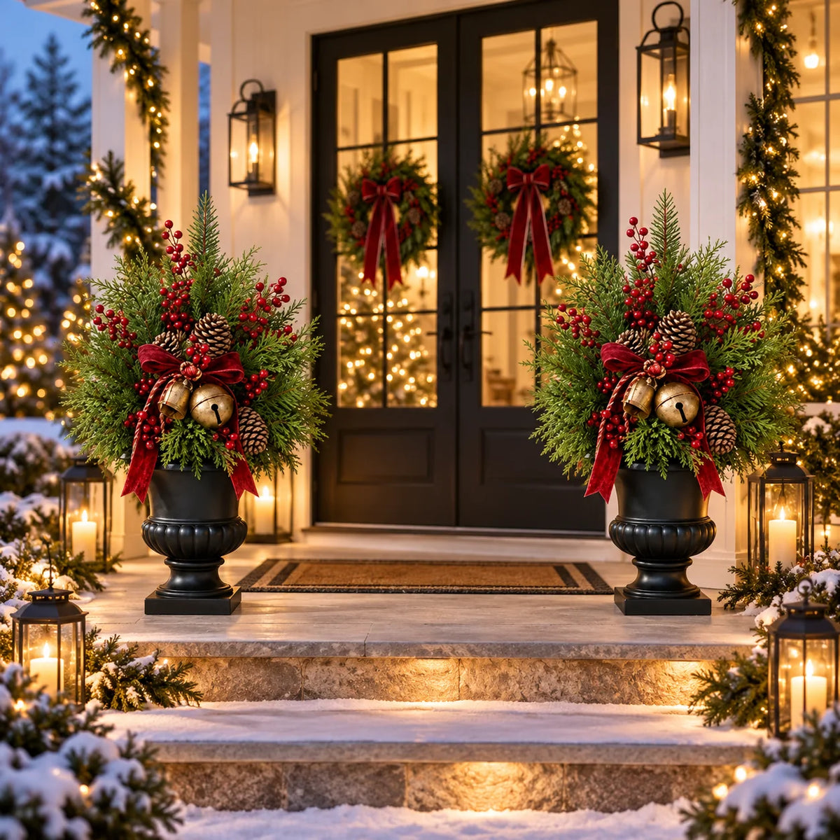 24-Inch Pre-Lit Artificial Christmas Evergreen Urn Filler with Berries, Pinecones & Vintage Bells