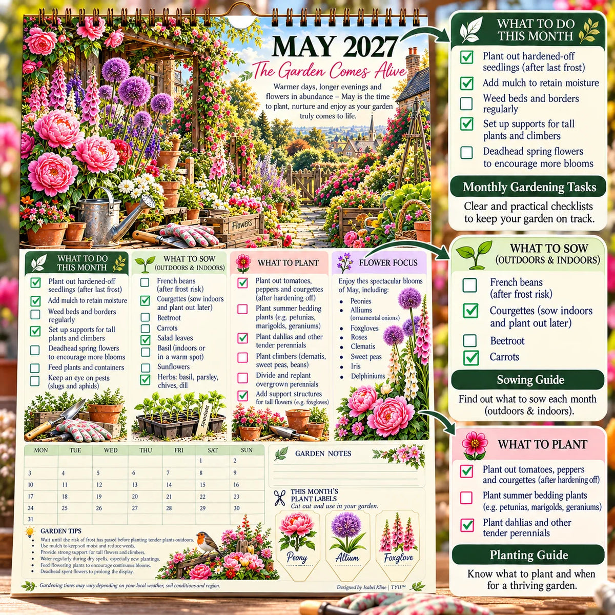 2027 Four Seasons Gardening Calendar & Monthly Planner – A4 Wall Calendar with Planting Guide, Garden Tasks & Plant Labels | TYII™