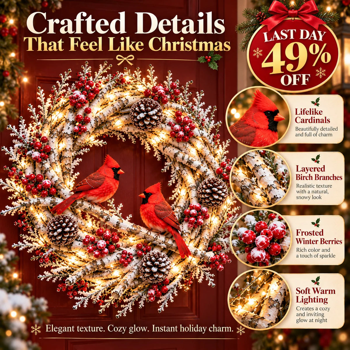 🔥 LAST DAY 49% OFF | Snowy Birch Cardinal Wreath – Lighted Christmas Door Decor ❤️