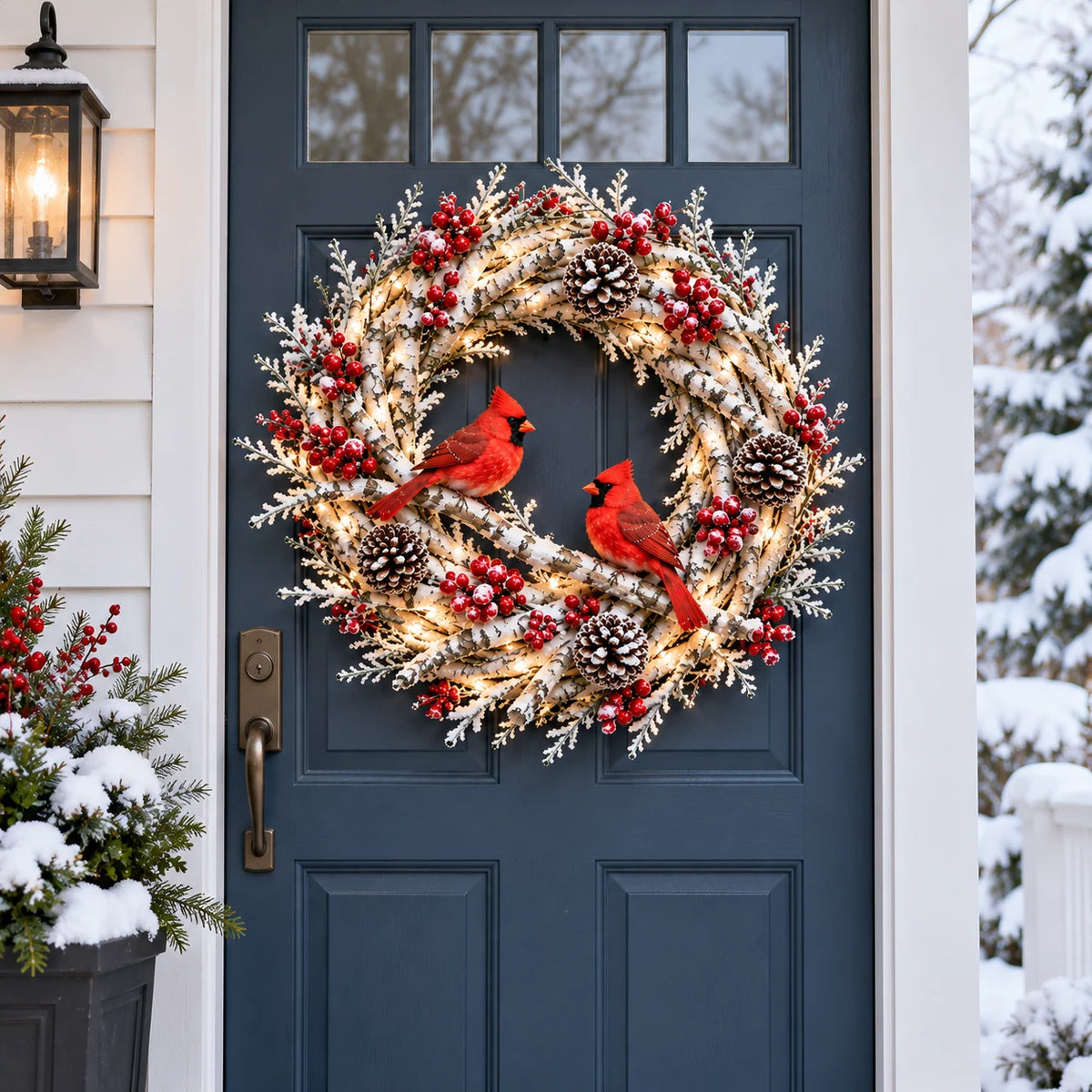 🔥 LAST DAY 49% OFF | Snowy Birch Cardinal Wreath – Lighted Christmas Door Decor ❤️