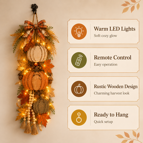 Rustic WoodenPumpkin Door Hangingwith Warm LED Lights