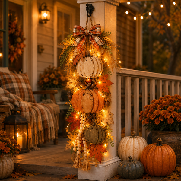 Rustic WoodenPumpkin Door Hangingwith Warm LED Lights
