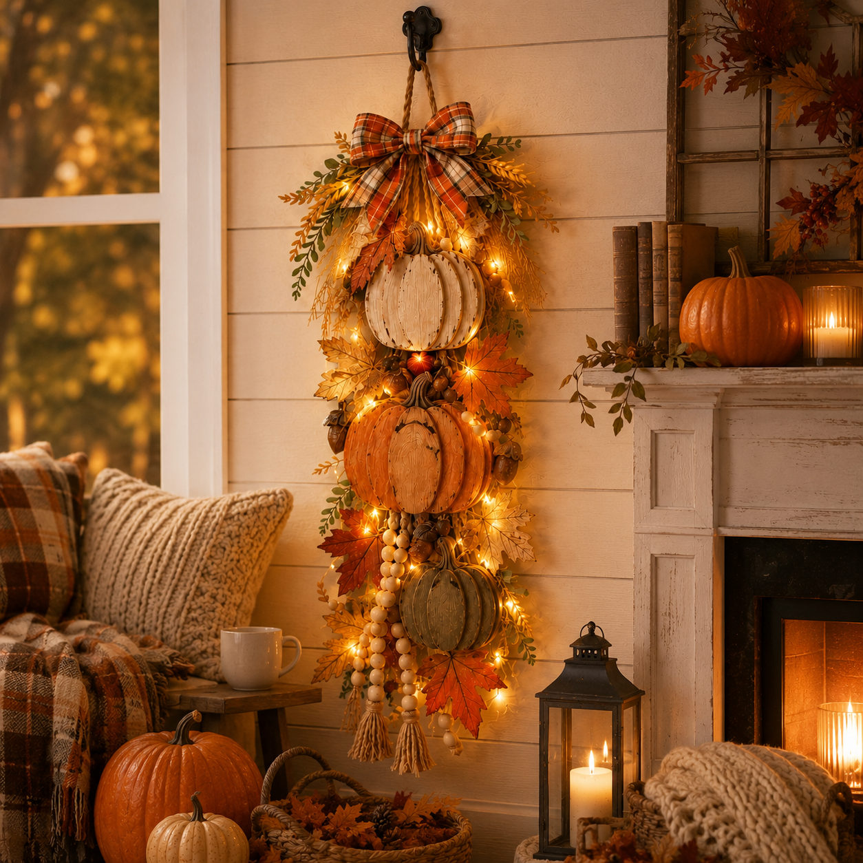 Rustic WoodenPumpkin Door Hangingwith Warm LED Lights