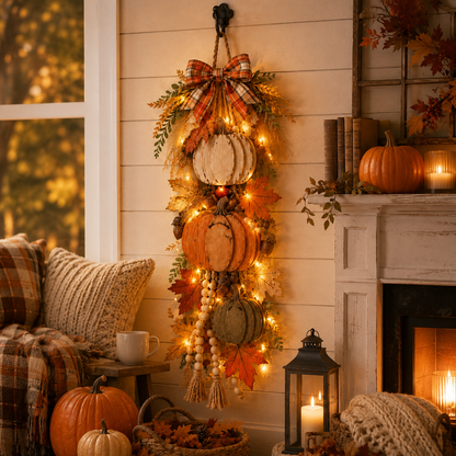 Rustic WoodenPumpkin Door Hangingwith Warm LED Lights