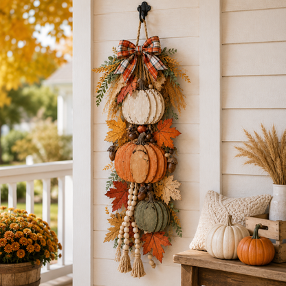 Rustic WoodenPumpkin Door Hangingwith Warm LED Lights