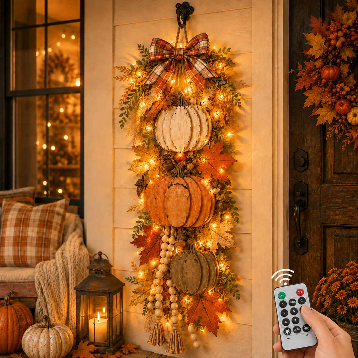 Rustic WoodenPumpkin Door Hangingwith Warm LED Lights