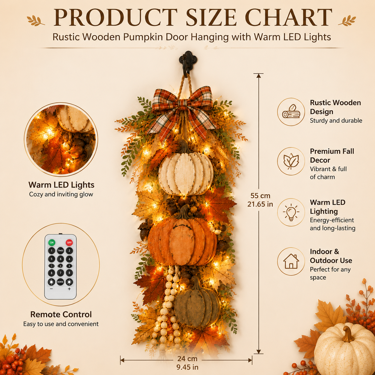 Rustic WoodenPumpkin Door Hangingwith Warm LED Lights