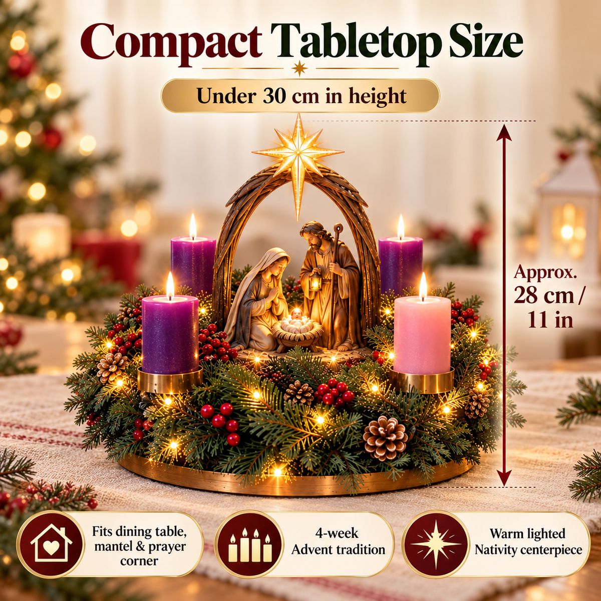 🔥 👼Lighted Nativity Advent Wreath – A Sacred 4-Week Christmas Tradition🕯️