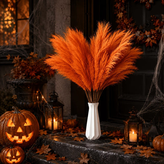 13pcs Orange Faux Pampas Grass Bouquet, Boho & Nordic Dual-Style Artificial Plants, Fluffy Realistic DIY Combination Floral Arrangement, No Maintenance Fake Grass For Wedding Party Home Bedroom Living Room Festival Decor, Christmas Decor