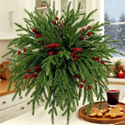 32pcs Artificial Norfolk Pine Branches, Closely Resembling Real Pine Trees With Vibrant Green Needles And Red Berries, Ideal For Christmas Decorations And Vase Fillers. Suitable For Both Indoor And Outdoor Environments, UV Resistant