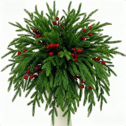 32pcs Artificial Norfolk Pine Branches, Closely Resembling Real Pine Trees With Vibrant Green Needles And Red Berries, Ideal For Christmas Decorations And Vase Fillers. Suitable For Both Indoor And Outdoor Environments, UV Resistant