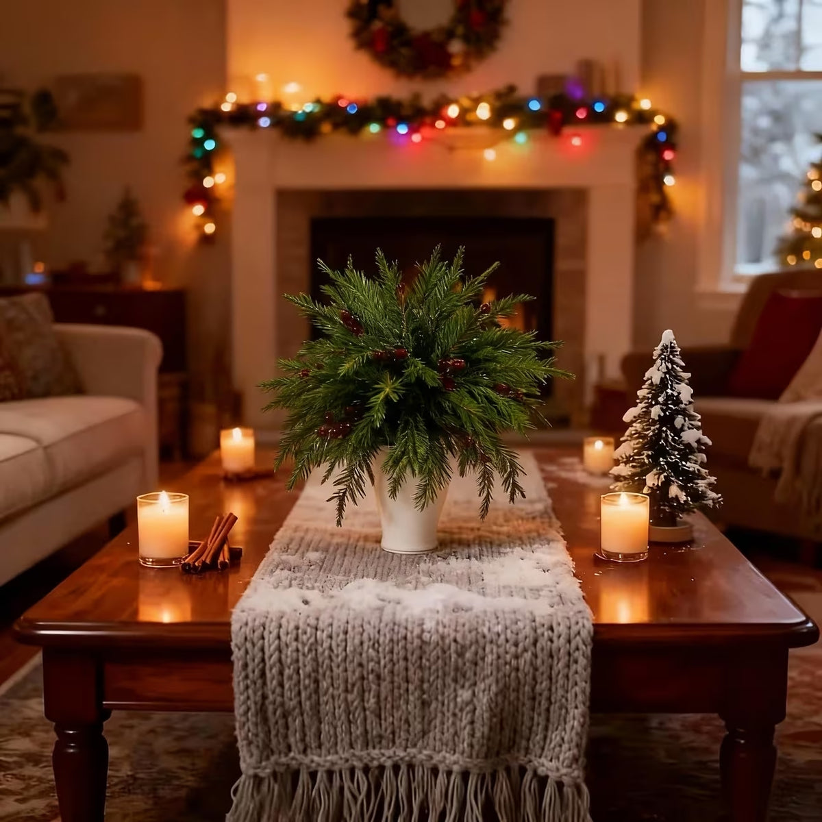 32pcs Artificial Norfolk Pine Branches, Closely Resembling Real Pine Trees With Vibrant Green Needles And Red Berries, Ideal For Christmas Decorations And Vase Fillers. Suitable For Both Indoor And Outdoor Environments, UV Resistant