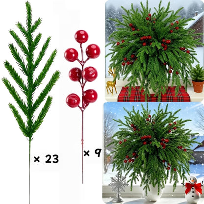 32pcs Artificial Norfolk Pine Branches, Closely Resembling Real Pine Trees With Vibrant Green Needles And Red Berries, Ideal For Christmas Decorations And Vase Fillers. Suitable For Both Indoor And Outdoor Environments, UV Resistant