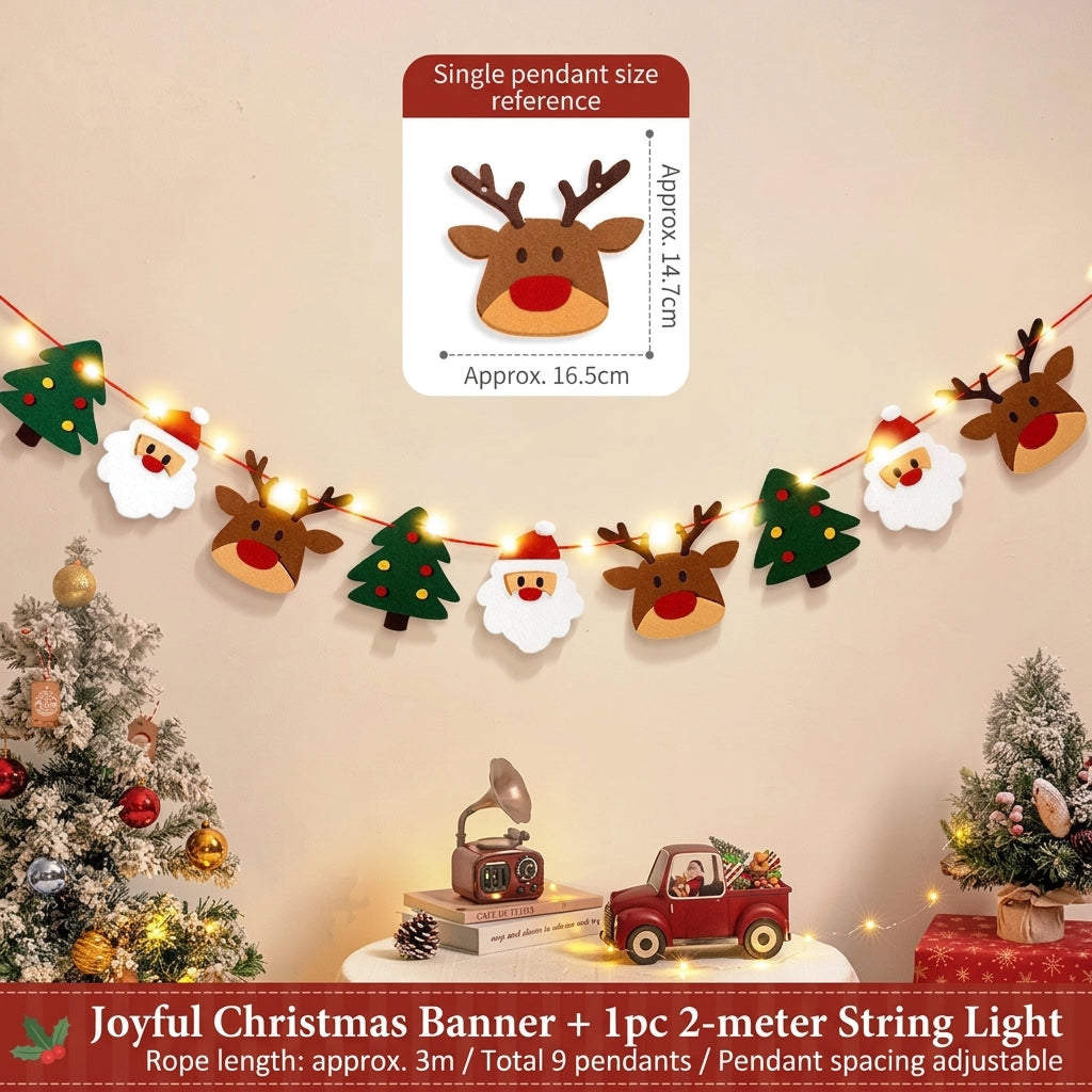 Merry Christmas Felt Letter Garland With LED Lights, Xmas Party Wall Hanging Decor