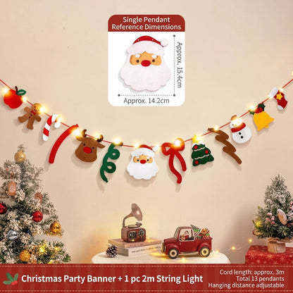 Merry Christmas Felt Letter Garland With LED Lights, Xmas Party Wall Hanging Decor