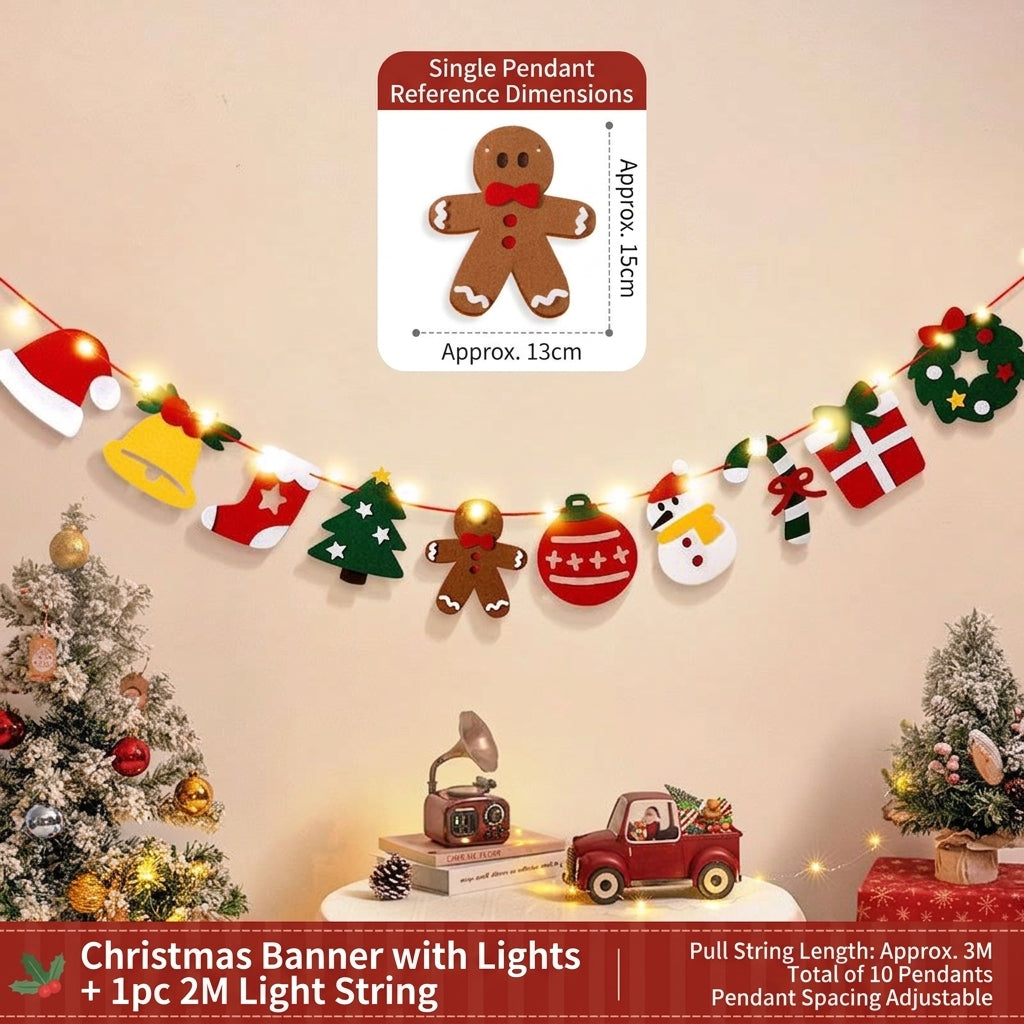 Merry Christmas Felt Letter Garland With LED Lights, Xmas Party Wall Hanging Decor