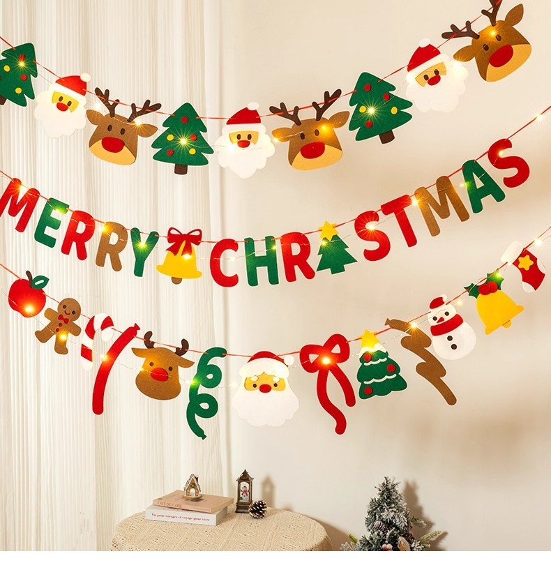 Merry Christmas Felt Letter Garland With LED Lights, Xmas Party Wall Hanging Decor