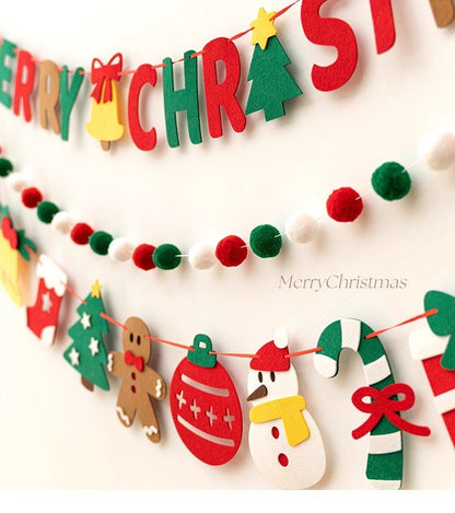 Merry Christmas Felt Letter Garland With LED Lights, Xmas Party Wall Hanging Decor