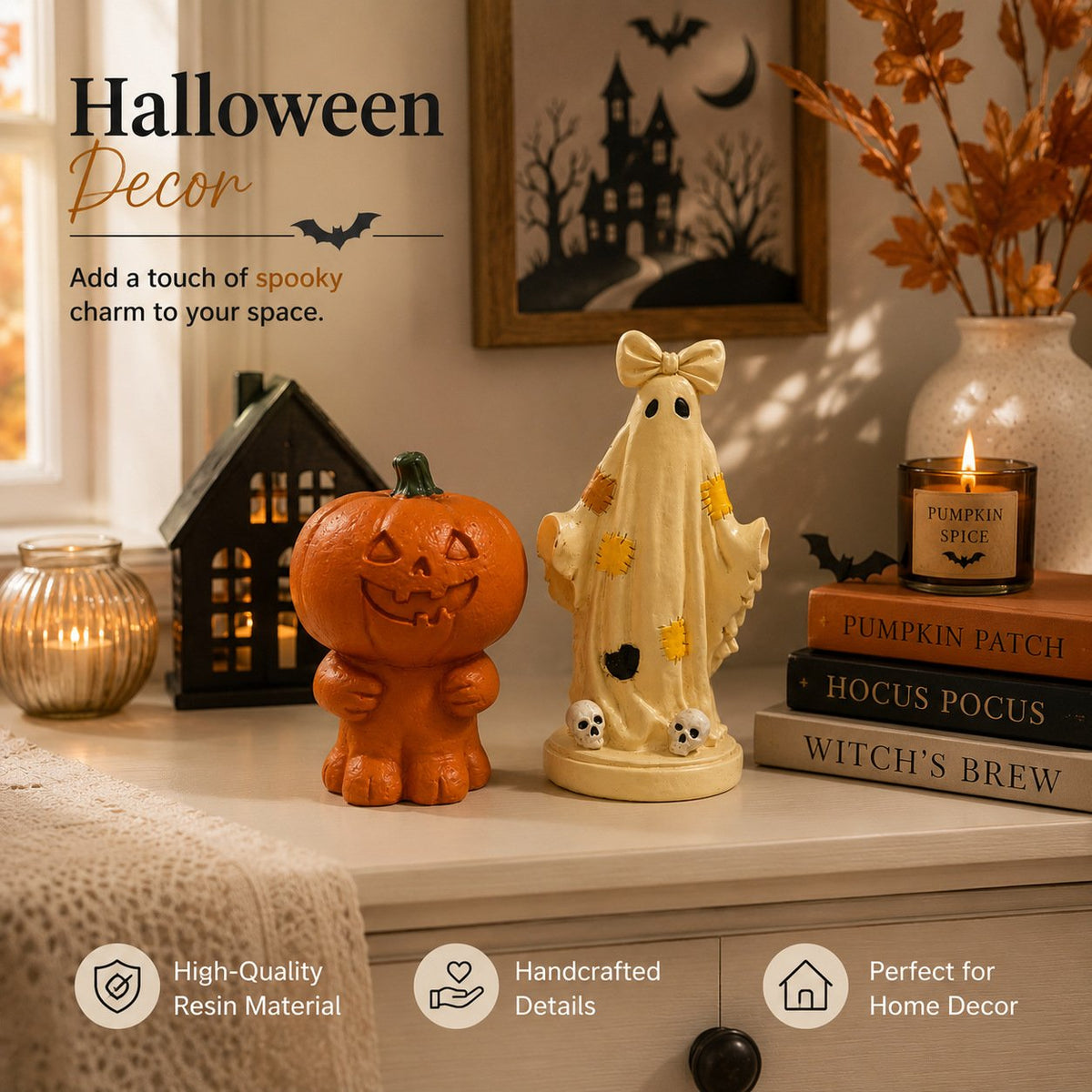 Halloween Pumpkin Man Resin Figurine, Ghost Desktop Party Ornament