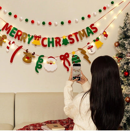 Merry Christmas Felt Letter Garland With LED Lights, Xmas Party Wall Hanging Decor